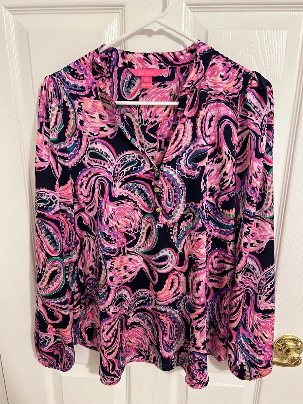 Lilly Pulitzer Marvelle Blouse Flock To The Top Navy Pink Paisley Size Small